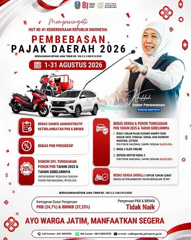 Gubernur Khofifah Hadirkan Kado Kemerdekaan HUT ke-81 RI, Bebaskan Pajak Daerah Selama Agustus 2026 untuk Ringankan Beban Masyarakat